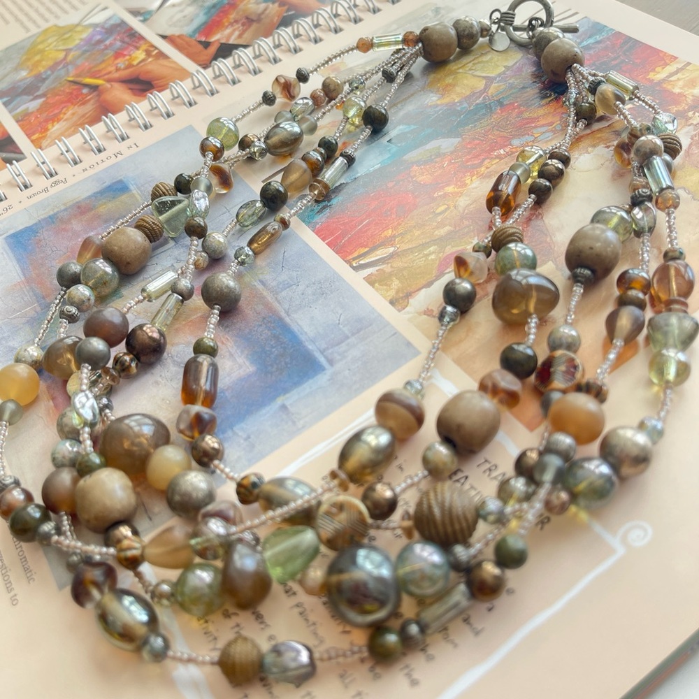 Beautiful Signed MEI FA Stone Artisan Glass Beaded 5 Strand 20”  Necklace